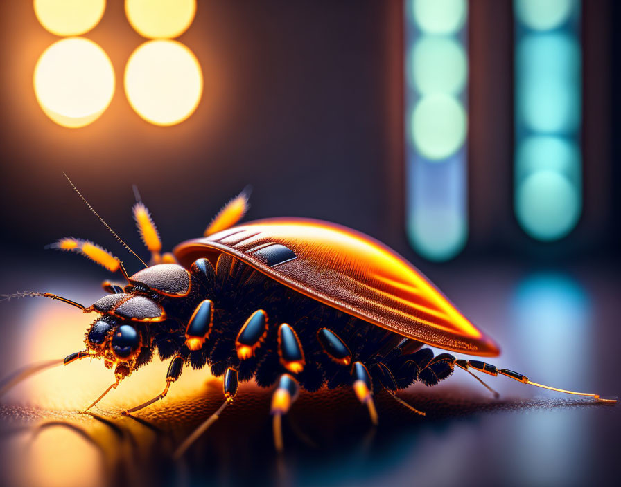 Macro photo of cockroach on reflective surface with blurred lights, warm ambiance