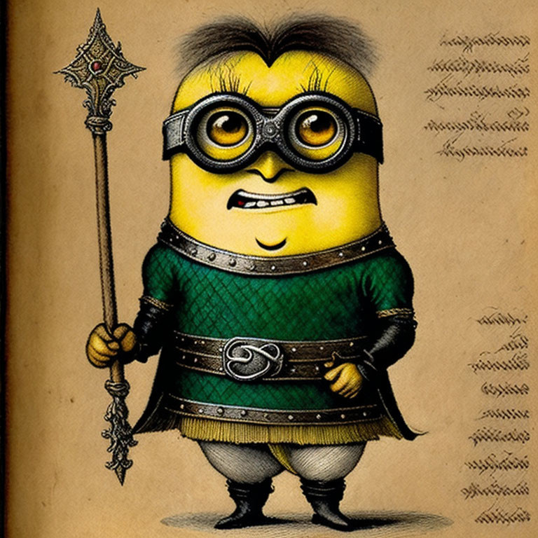 Minion dressed as medieval warrior with mace on old paper background