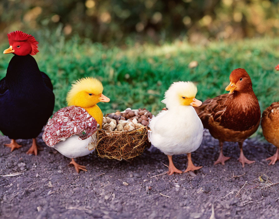 Colorful Toy Birds: Chicken, Chick, Duckling, and Duck with Nest and Eggs