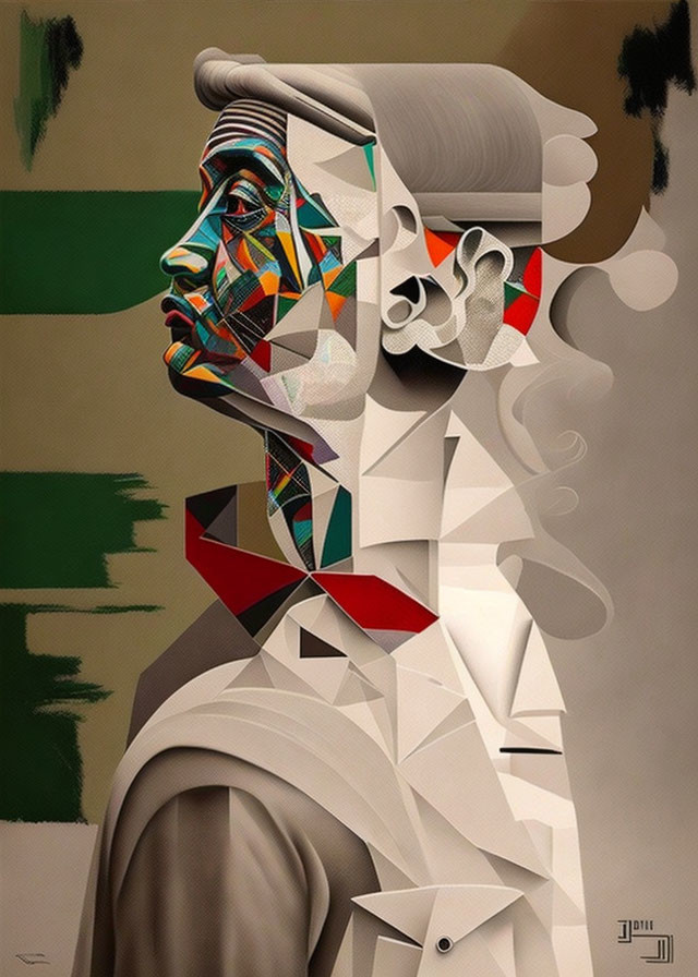 Geometric Cubist Side Profile Artwork in Earthy Tones