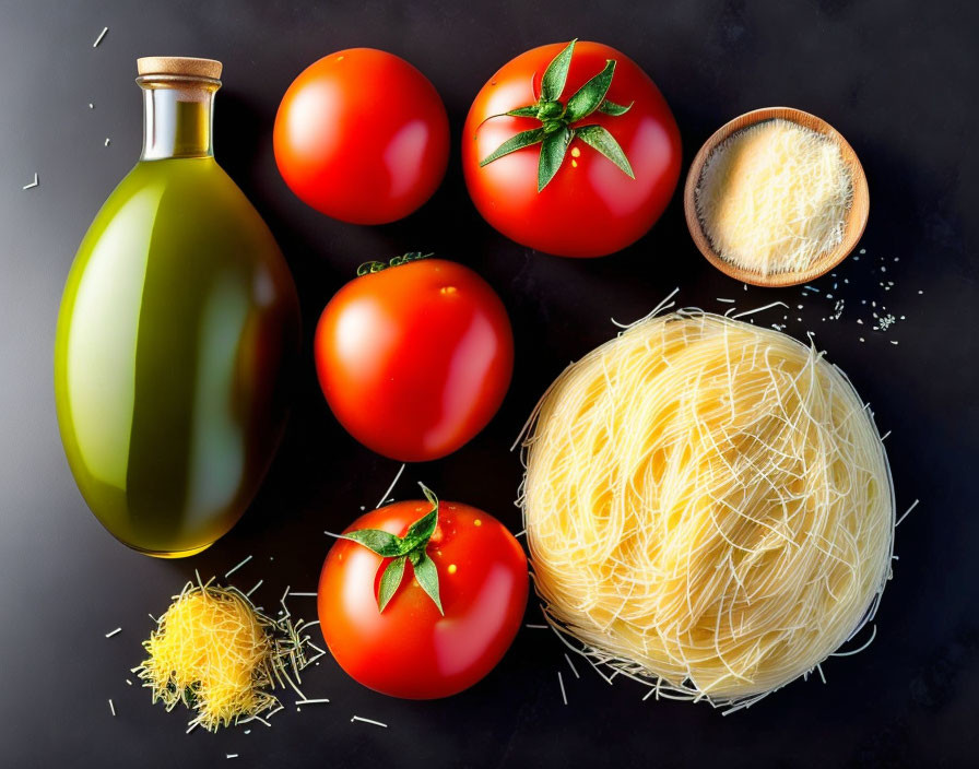 Ingredients for Spaghetti Dish on Dark Background