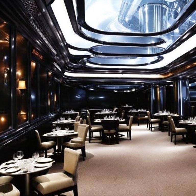 Modern upscale restaurant interior with futuristic lighting and elegant decor