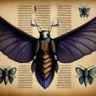 Large stylized moth illustration with intricate wings and body patterns, accompanied by smaller moths on script background