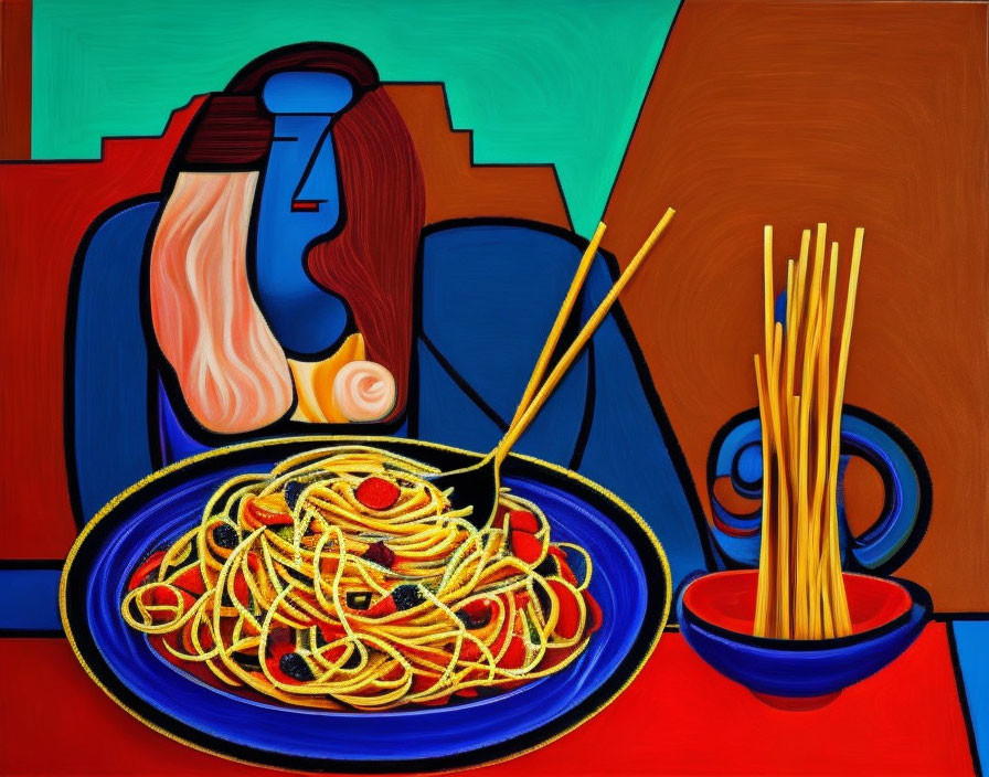 Abstract painting with spaghetti, chopsticks, bottle, and bowl