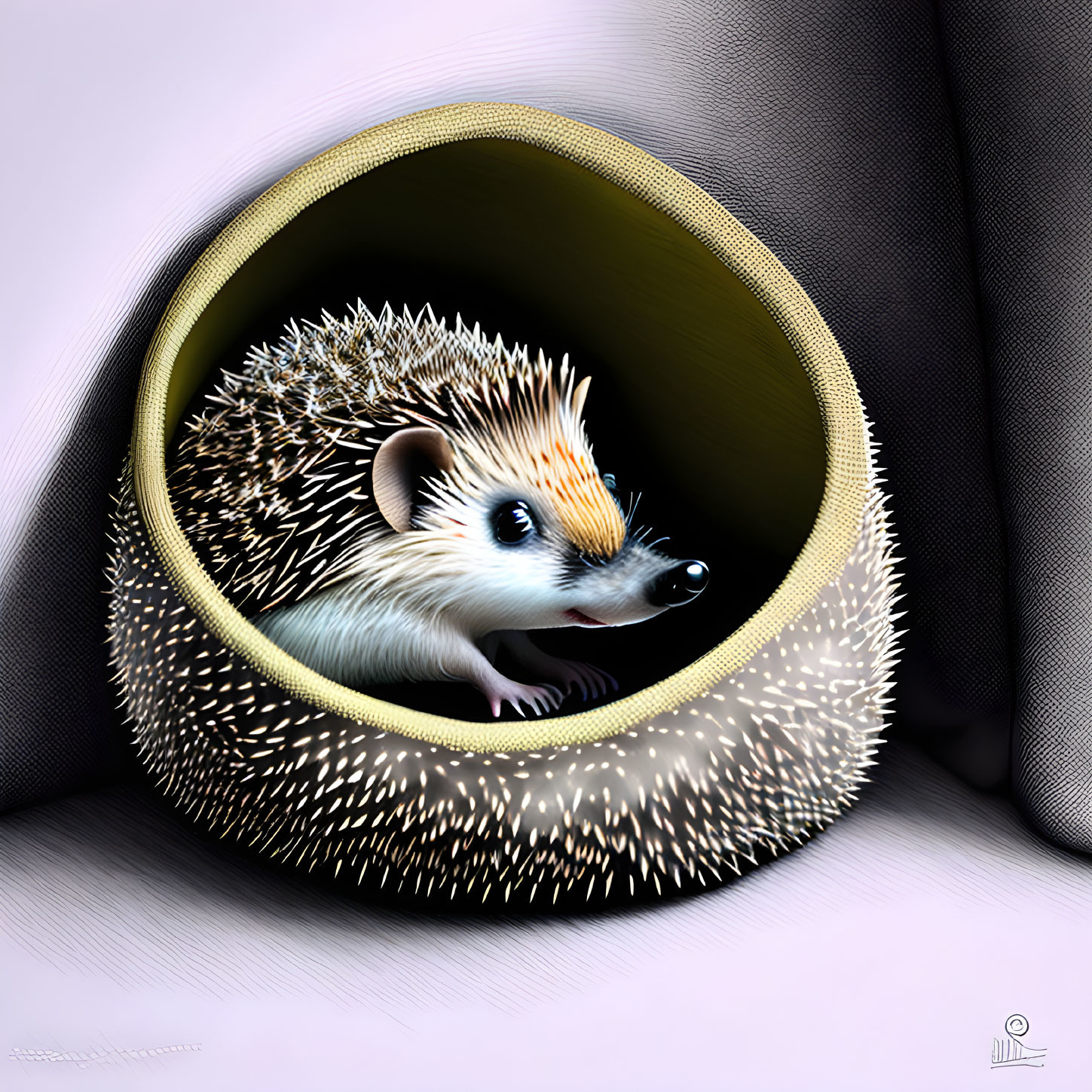 Stylized hedgehog peeking from yellow-rimmed tunnel on pink background