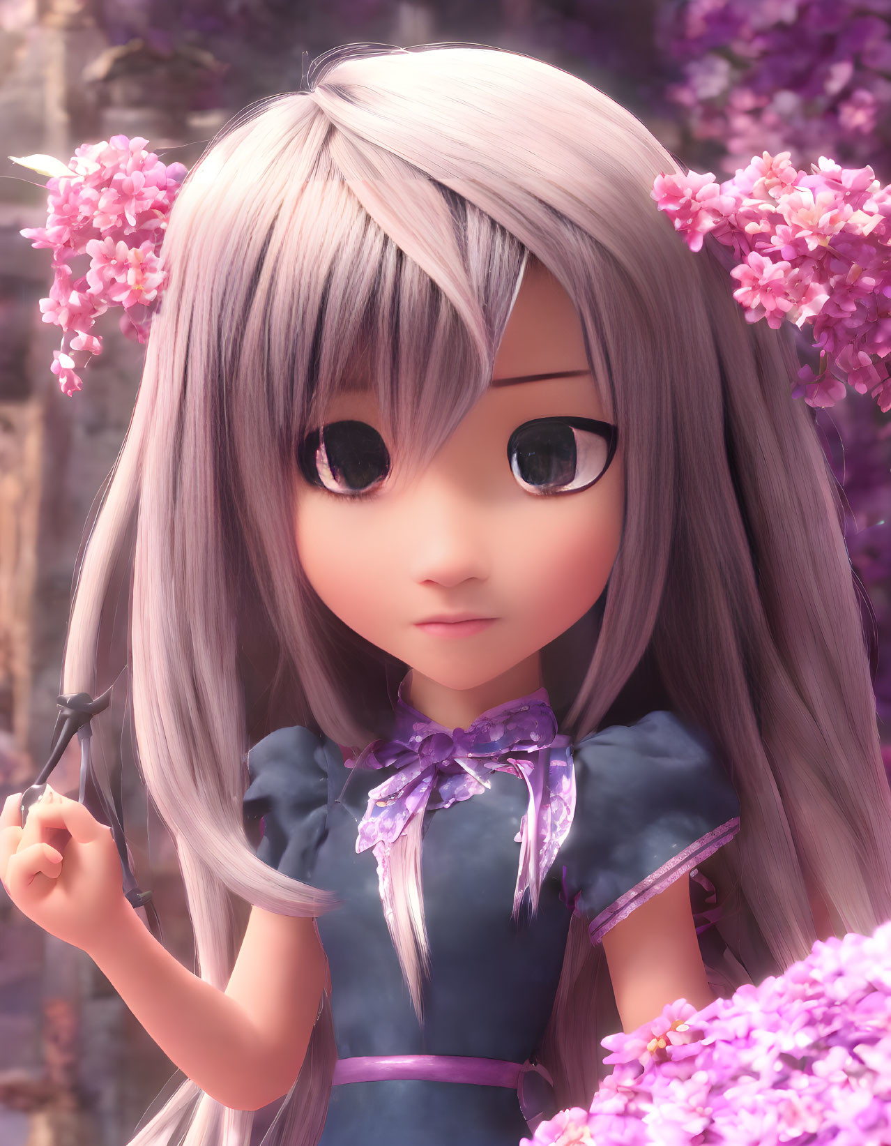 Silver-haired 3D character with large eyes among pink flowers in blue dress