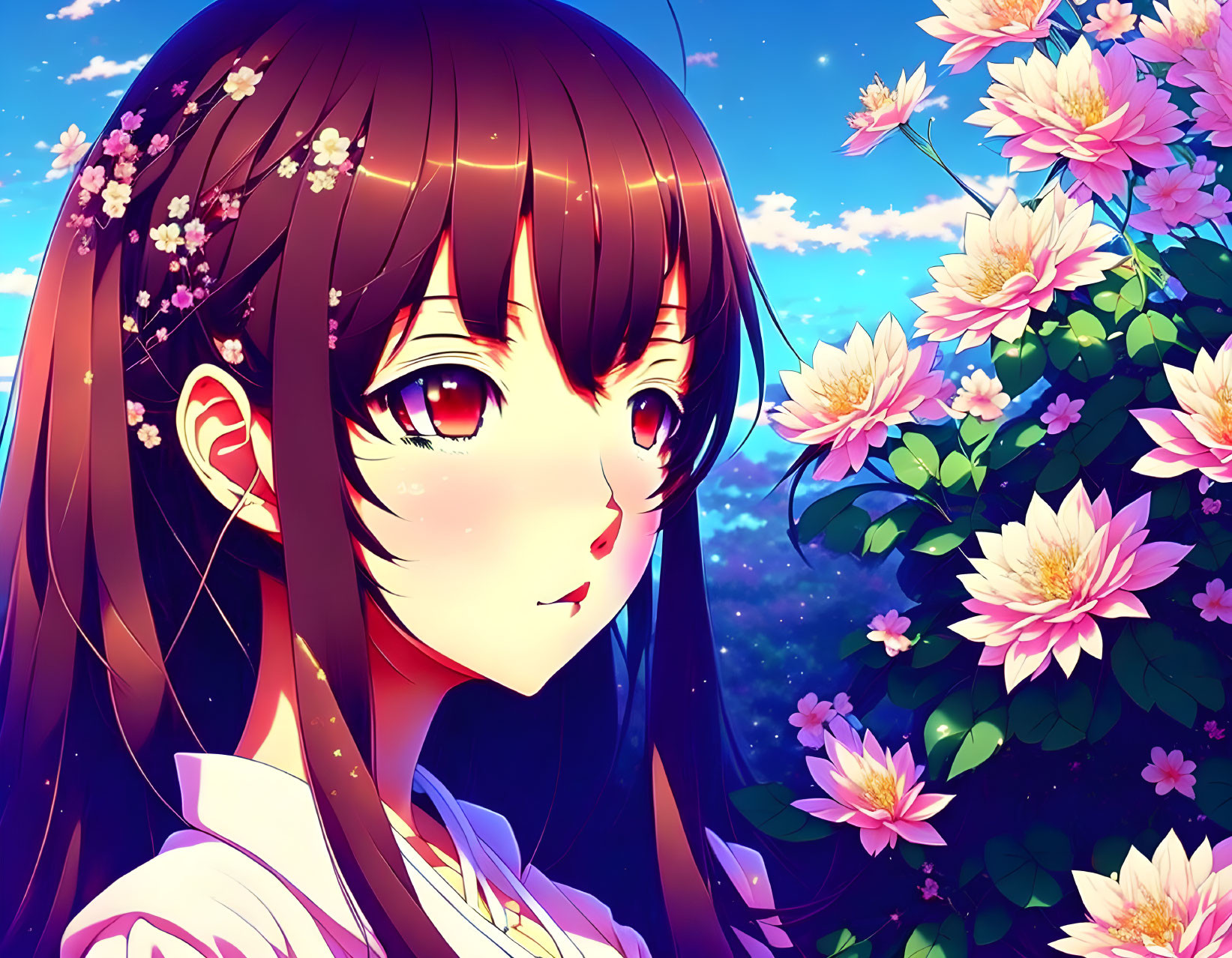 Brown-haired anime girl with blush cheeks in twilight setting with pink blossoms