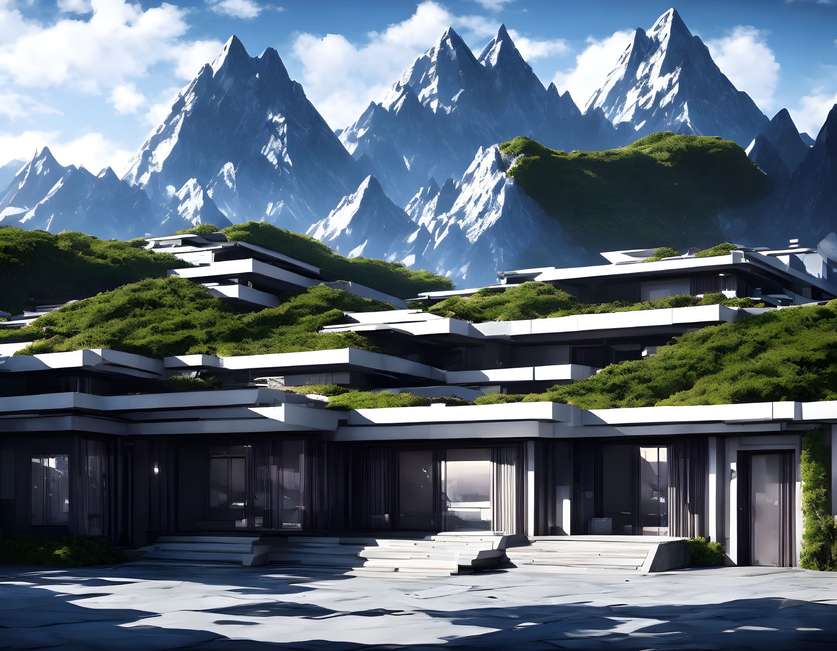 Modern green-roofed houses near majestic mountains under clear sky