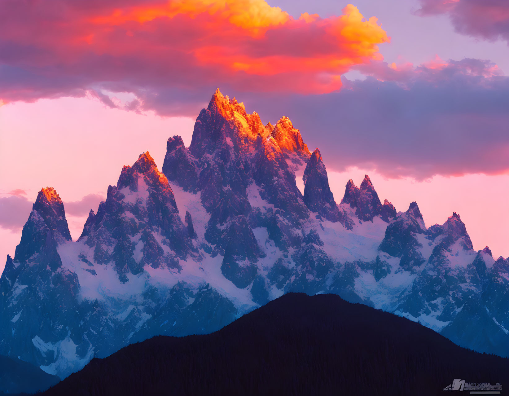 Snow-covered mountain peaks under pink and orange sunset sky with forested hills.