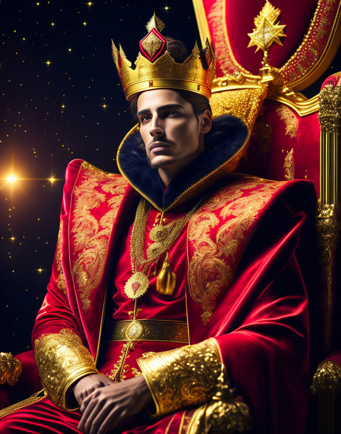 Regal man in gold crown and red robe on throne against starry backdrop