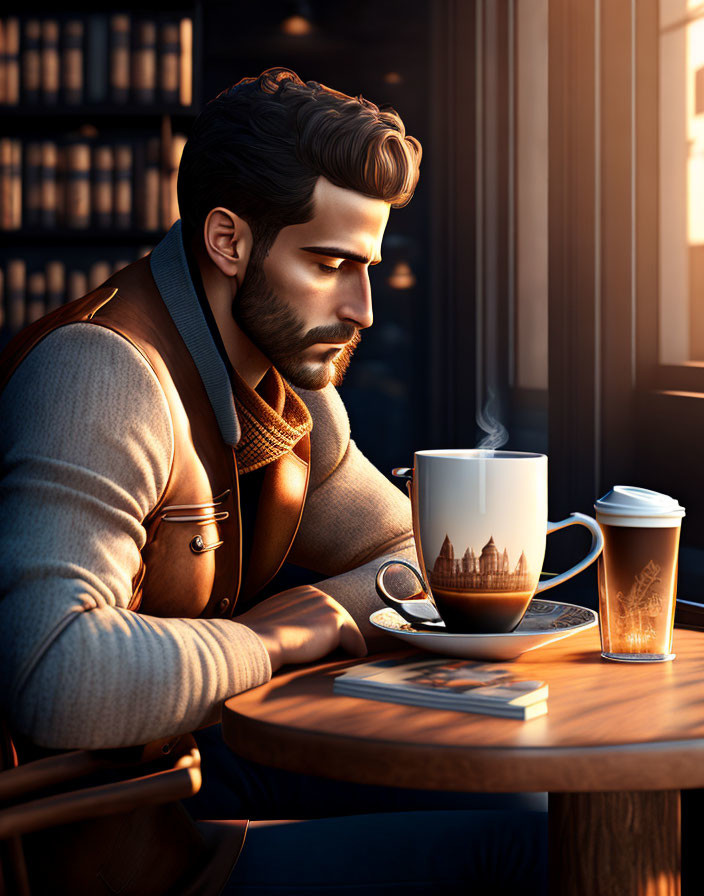 Bearded man in library with hot beverage and city view