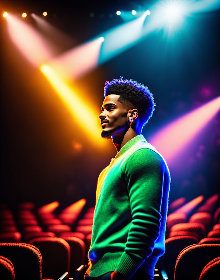 Young man with high-top fade in theater under dramatic stage lights