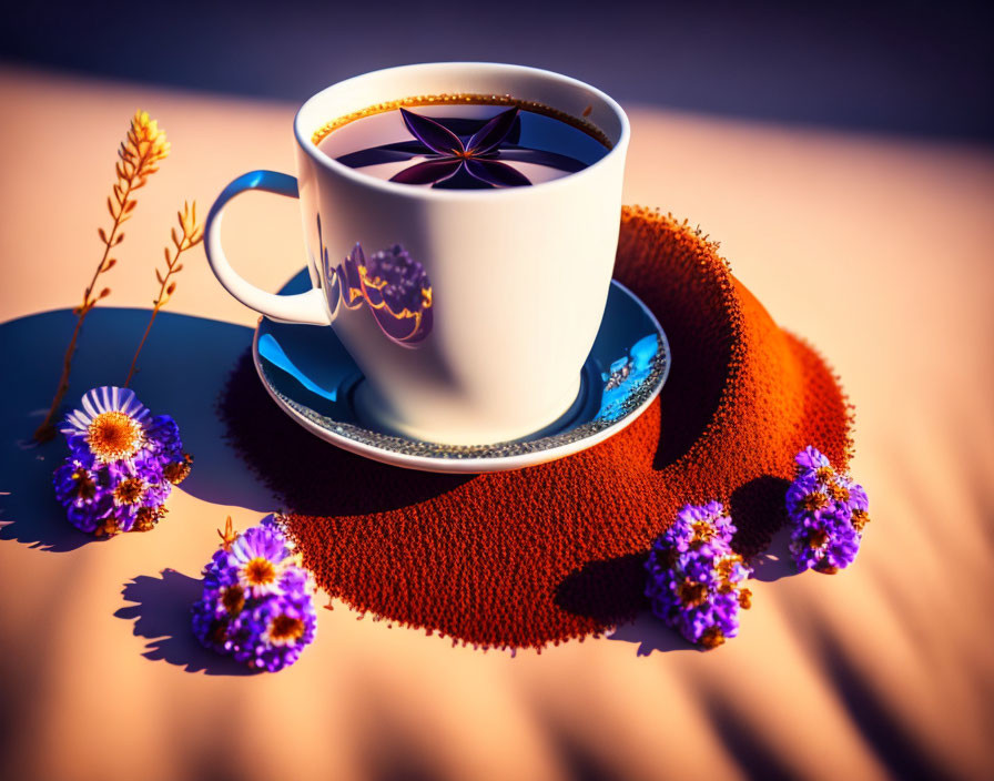 White Coffee Cup with Star Design, Purple Flowers, and Shadows on Orange Surface