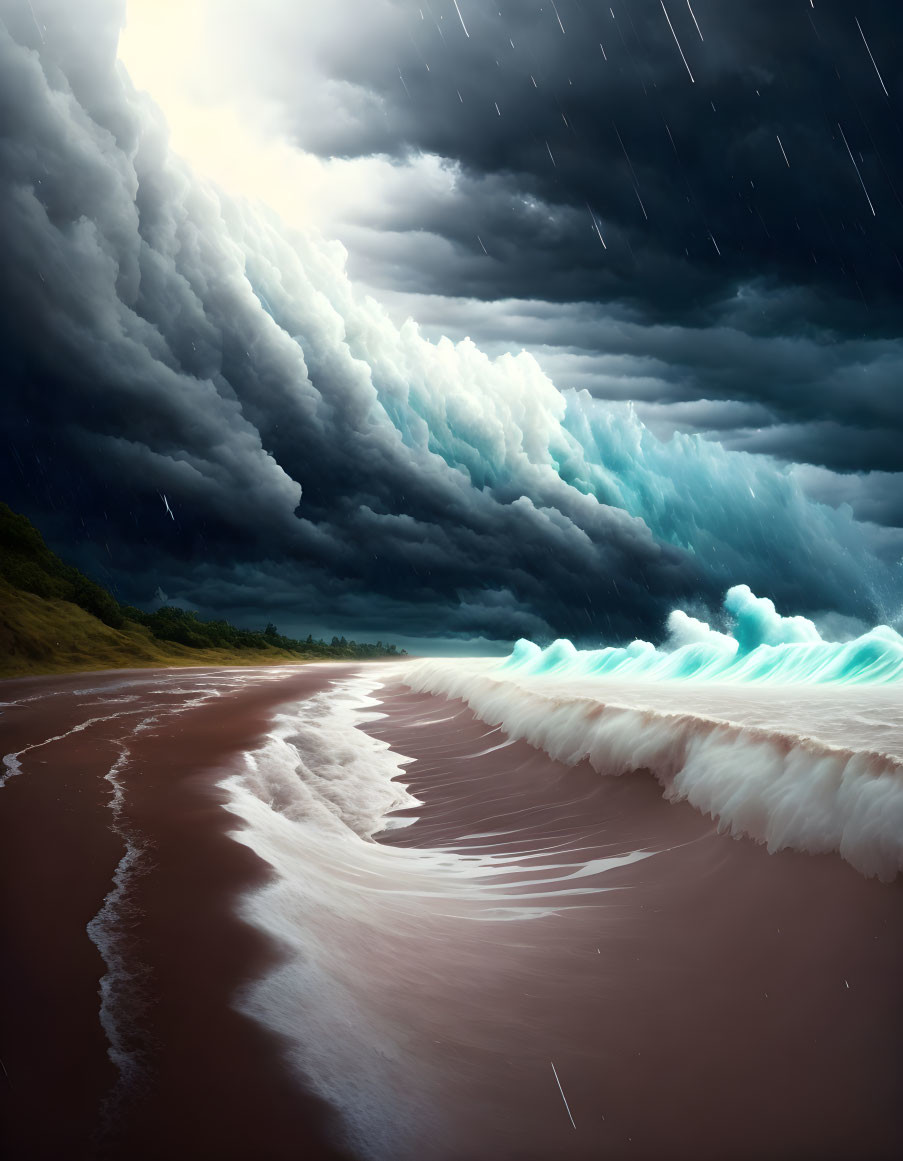 Stormy Beach Scene with Dark Clouds and Tumultuous Ocean