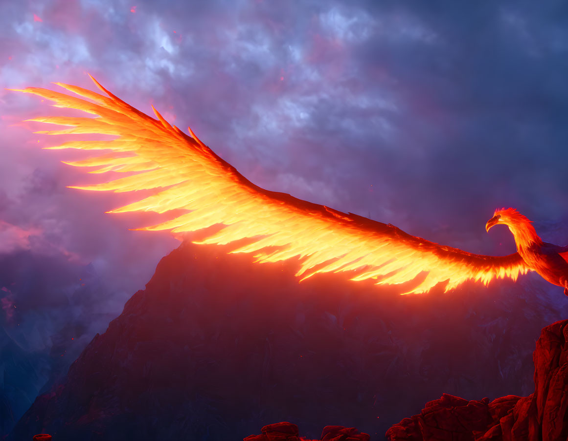 Fiery phoenix flying over dusk sky and rugged mountains