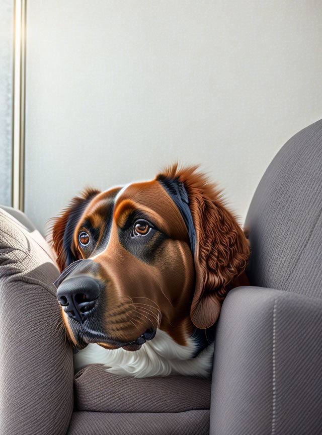 Brown and White Dog Peeking Between Grey Couch Cushions