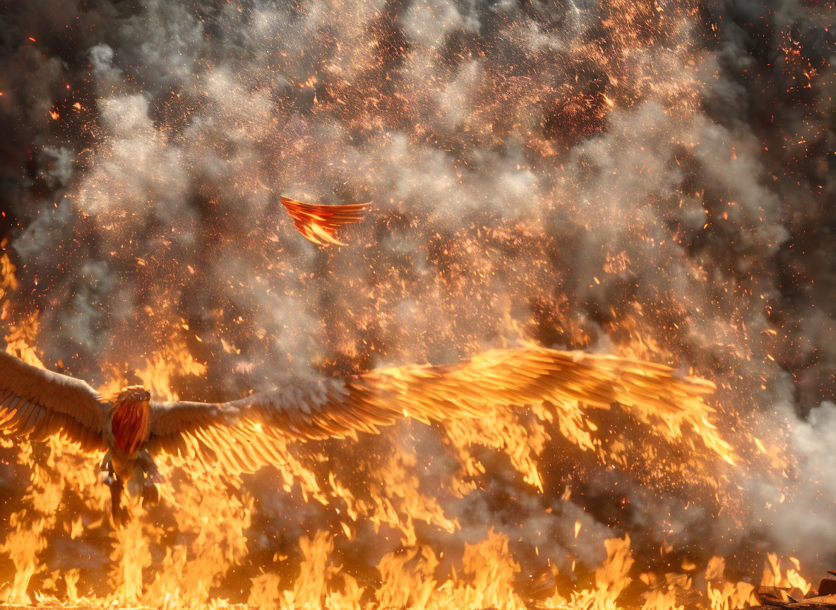 Majestic phoenix with fiery wings in an inferno