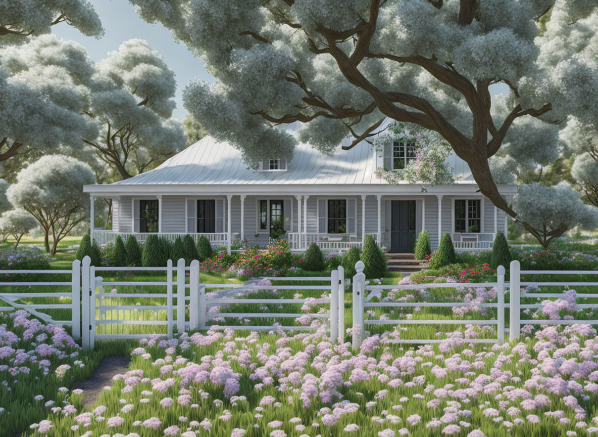 White Countryside House Surrounded by Gardens and Blooming Flowers