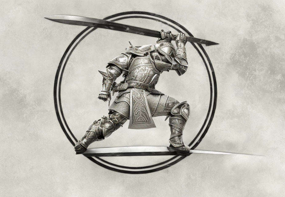 Knight in Full Armor Wielding Sword on Textured Gray Background