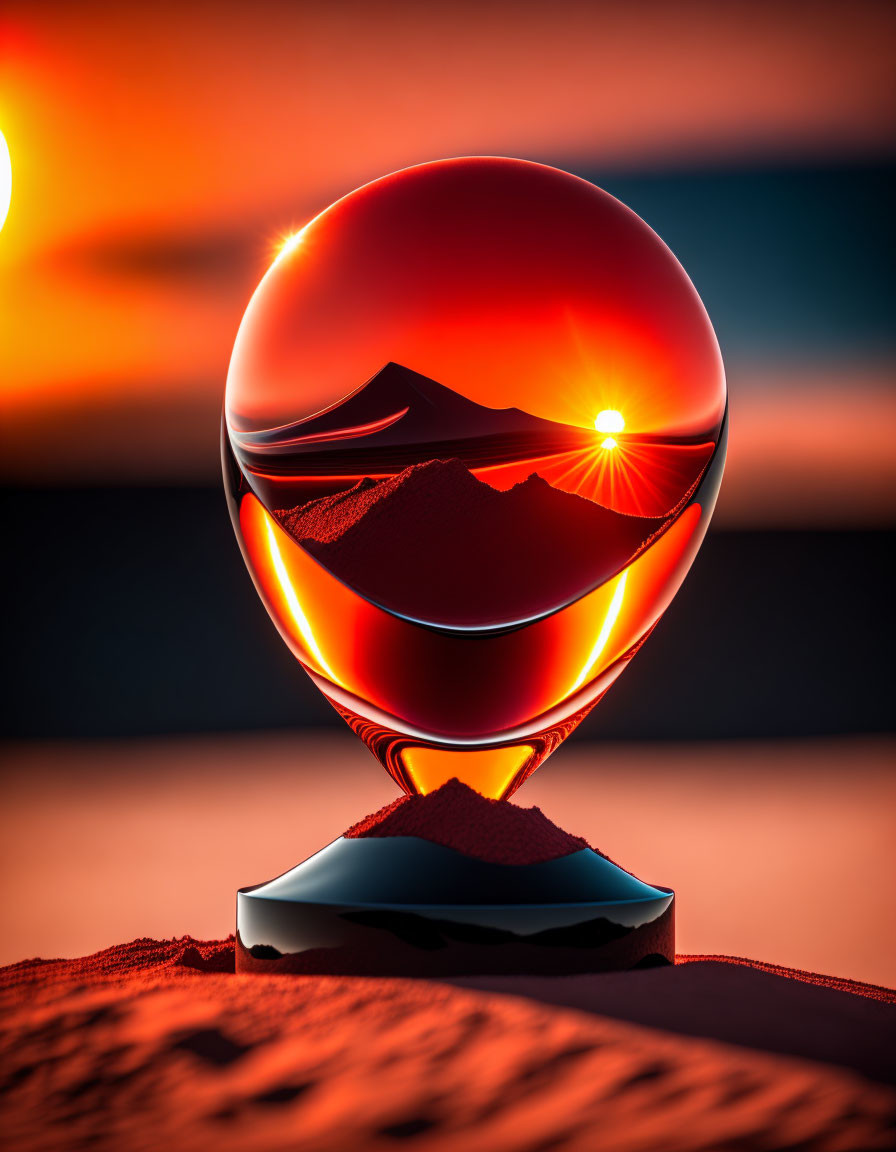 Crystal ball on stand reflects inverted sunset over desert landscape