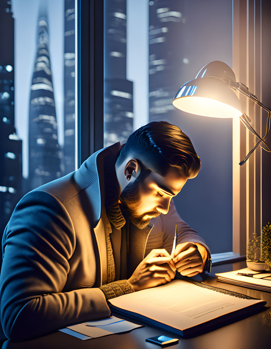 Man writing in notebook under lamp with night cityscape visible through window