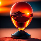 Crystal ball on stand reflects inverted sunset over desert landscape