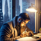 Man writing in notebook under lamp with night cityscape visible through window