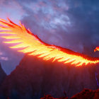 Fiery phoenix flying over dusk sky and rugged mountains