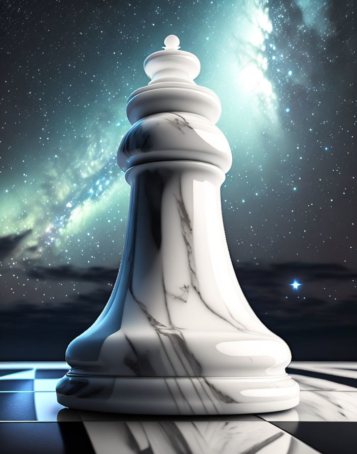 Marble chess queen on cosmic nebula chessboard