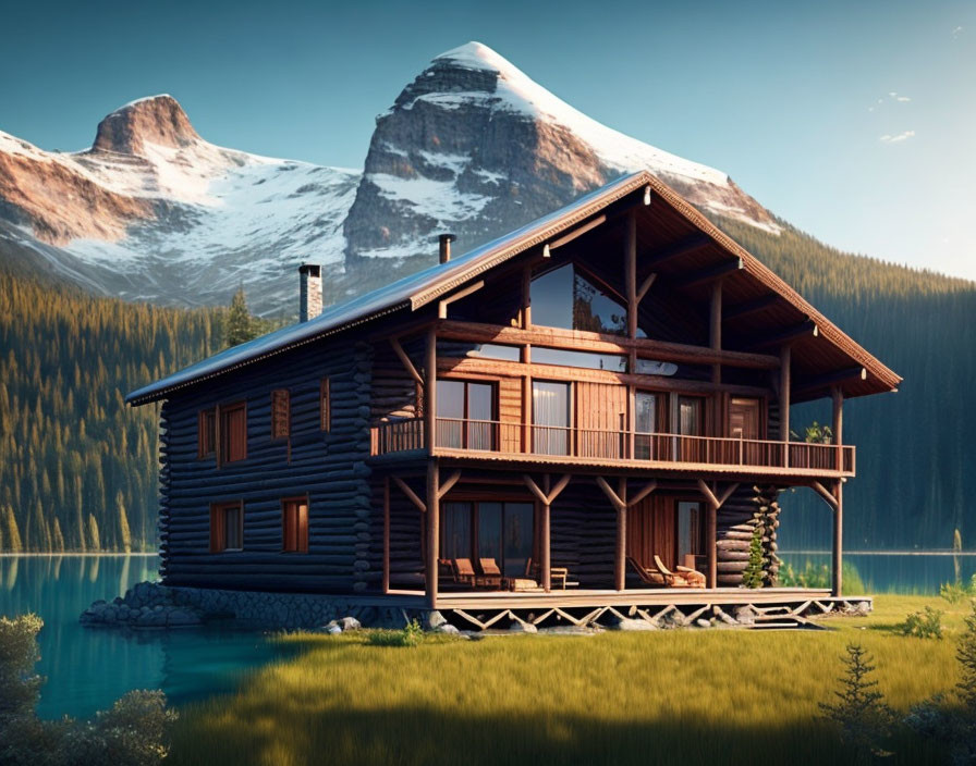 Scenic Lakeside Wooden Cabin with Mountain View