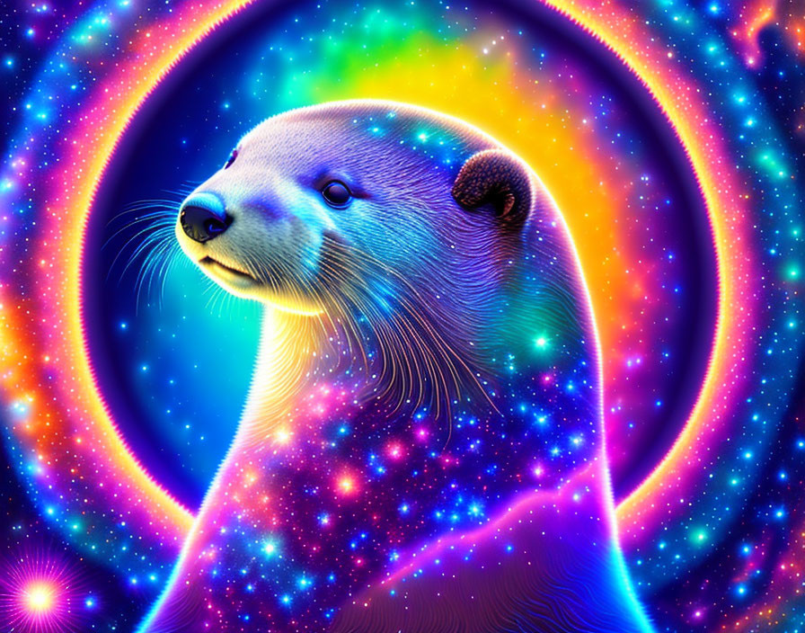 Colorful Otter Illustration on Psychedelic Cosmic Background