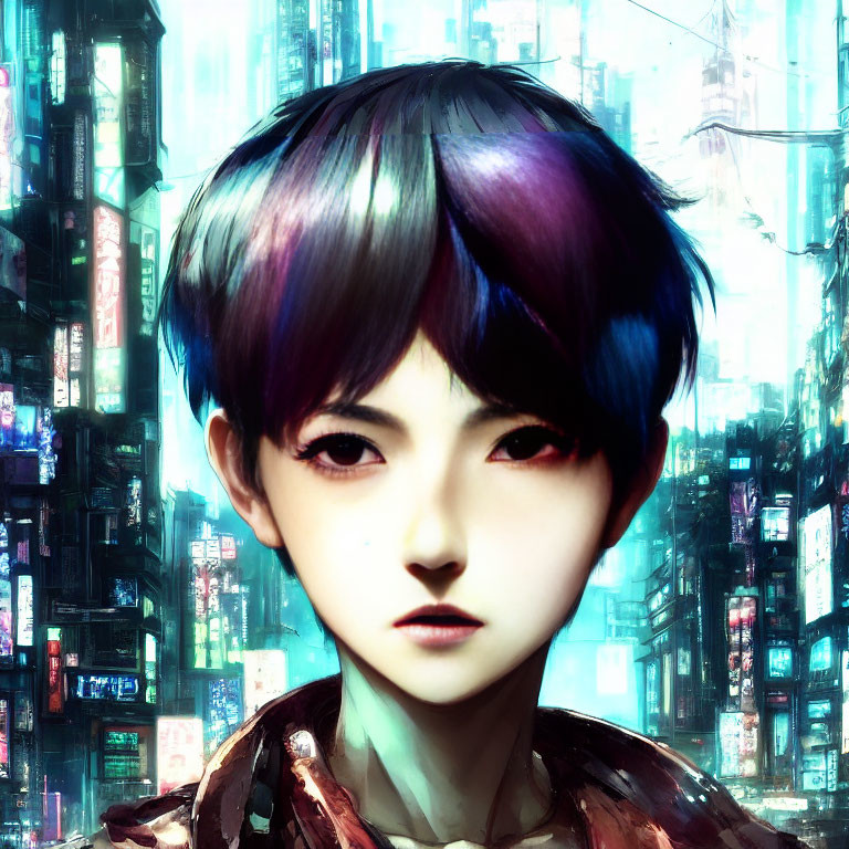 Colorful digital artwork: Youthful figure with multicolored hair and futuristic cityscape