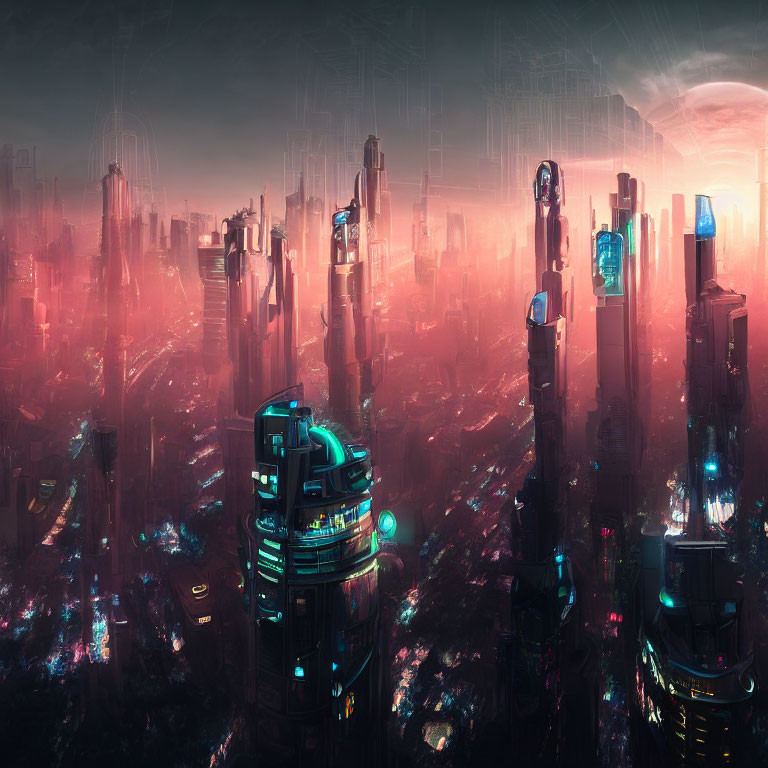 Futuristic cityscape at dusk with neon-lit skyscrapers and large moon.