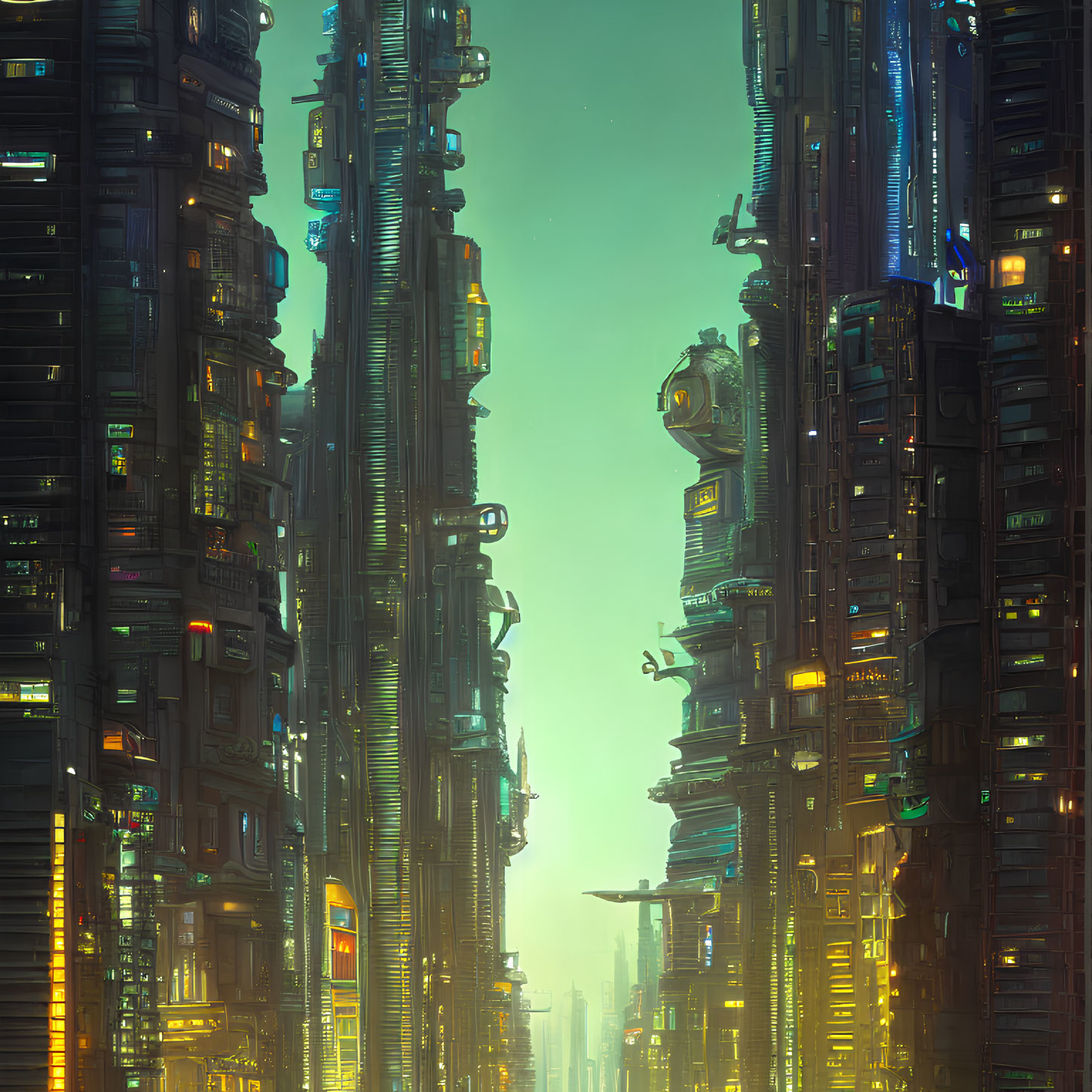 Futuristic city alley with towering skyscrapers and neon lights