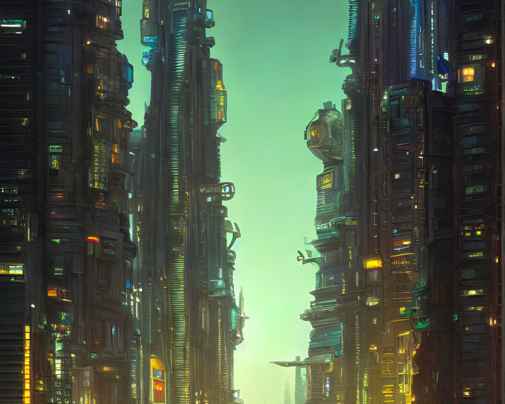 Futuristic city alley with towering skyscrapers and neon lights