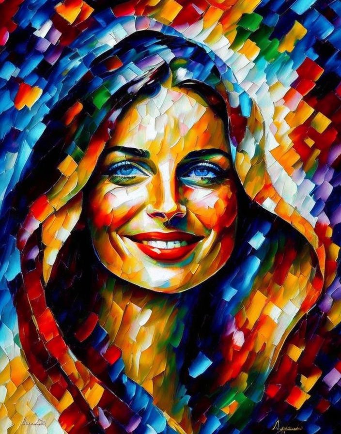 Colorful Cubist Style Portrait of Smiling Woman