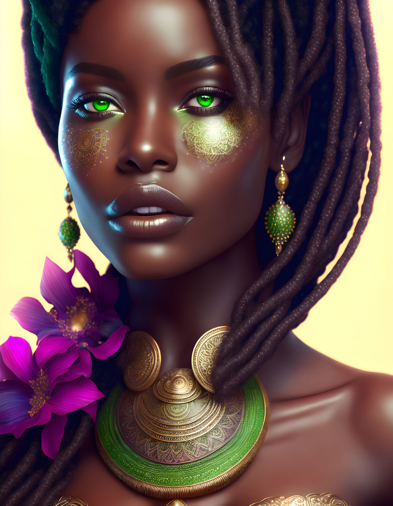 Digital Artwork: Woman with Green Eyes and Gold Jewelry on Yellow Background