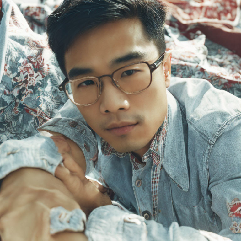 Man with glasses in double shirt lying on floral fabric