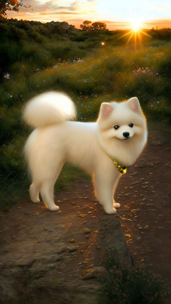 Fluffy White Dog with Bushy Tail in Sunset Wildflower Scene