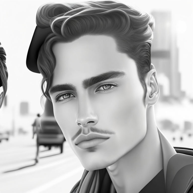 Monochrome illustration of a fashionable male with striking hair and intense gaze against urban backdrop