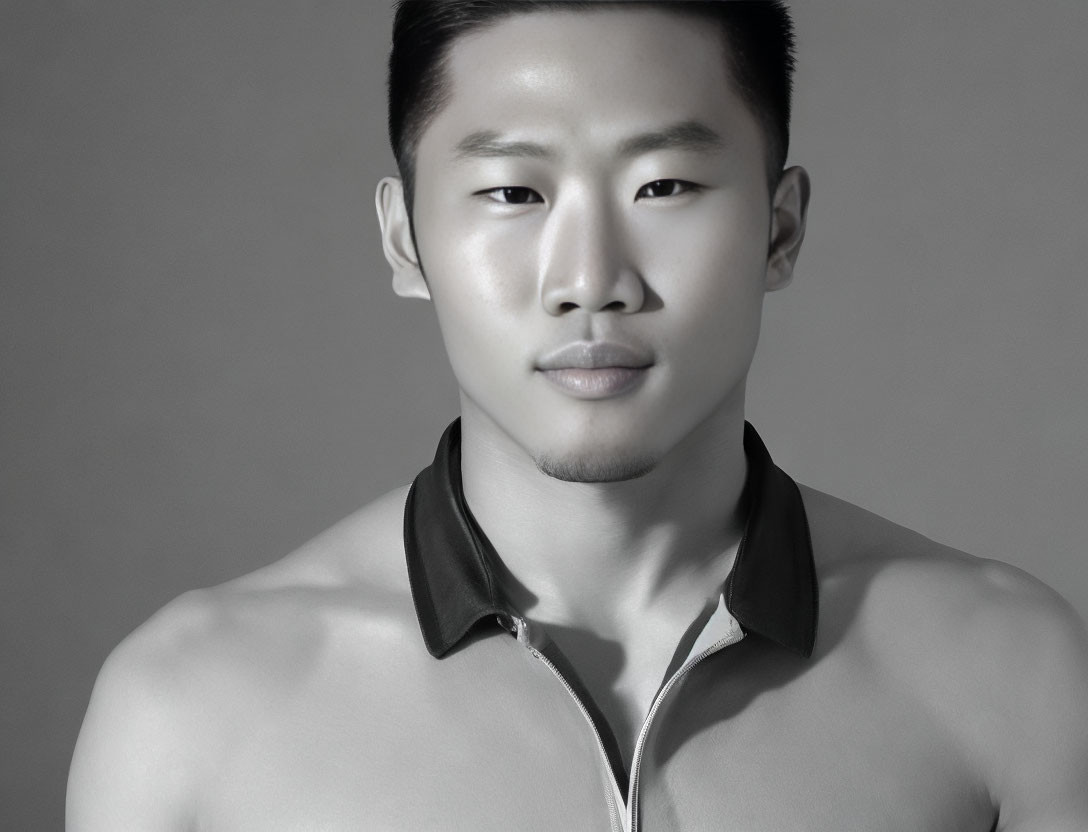 Monochrome portrait of shirtless man with dark collar