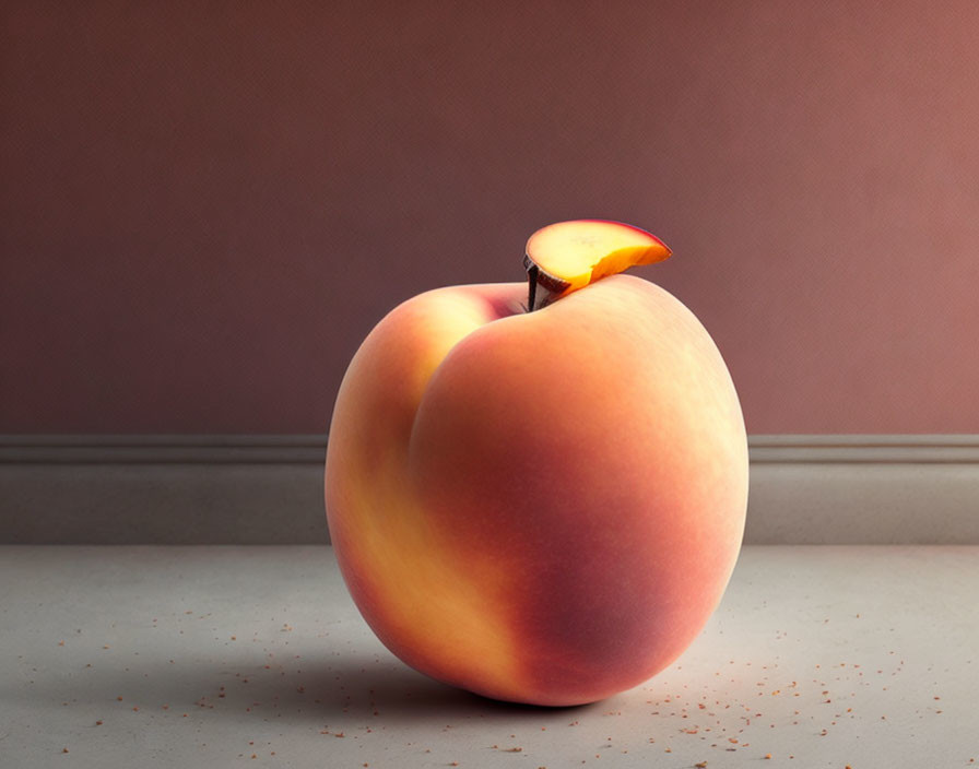 Ripe peach with slice removed showing stone on solid surface