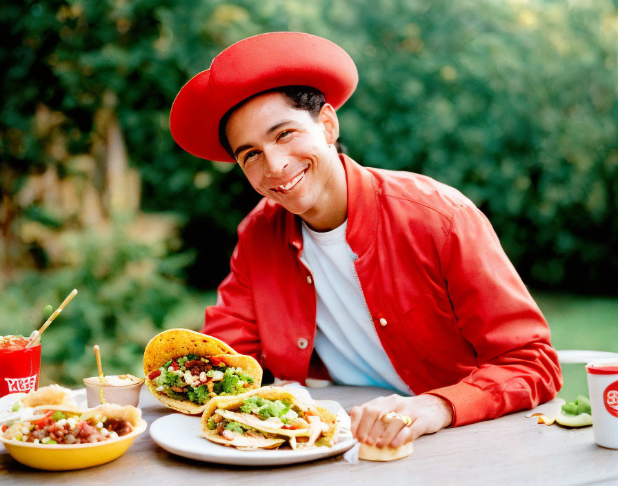 Person in Red Hat and Jacket Enjoying Tacos and Burrito Outdoors