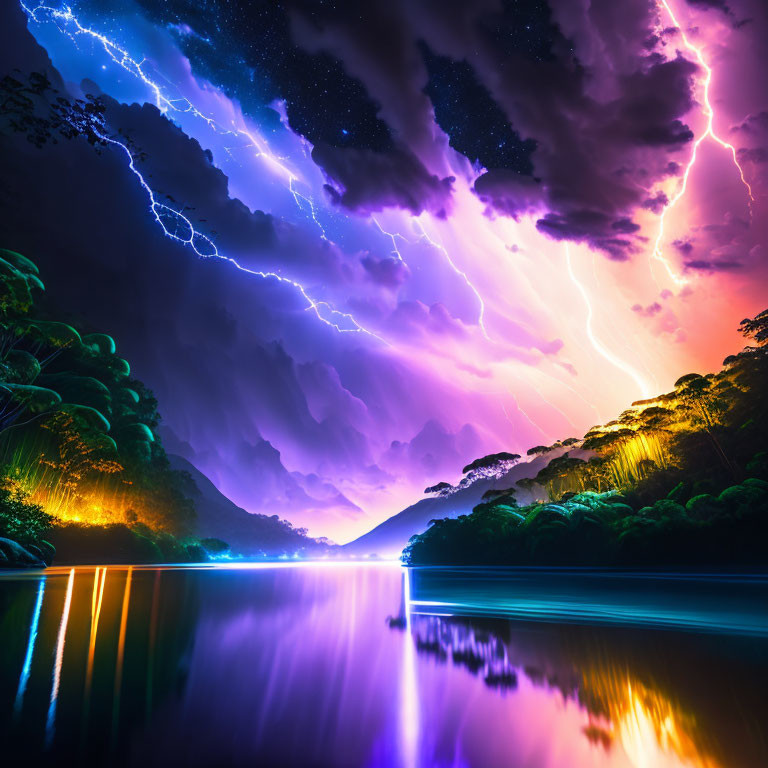 Night Sky with Lightning Bolts, Stars, and River Reflection