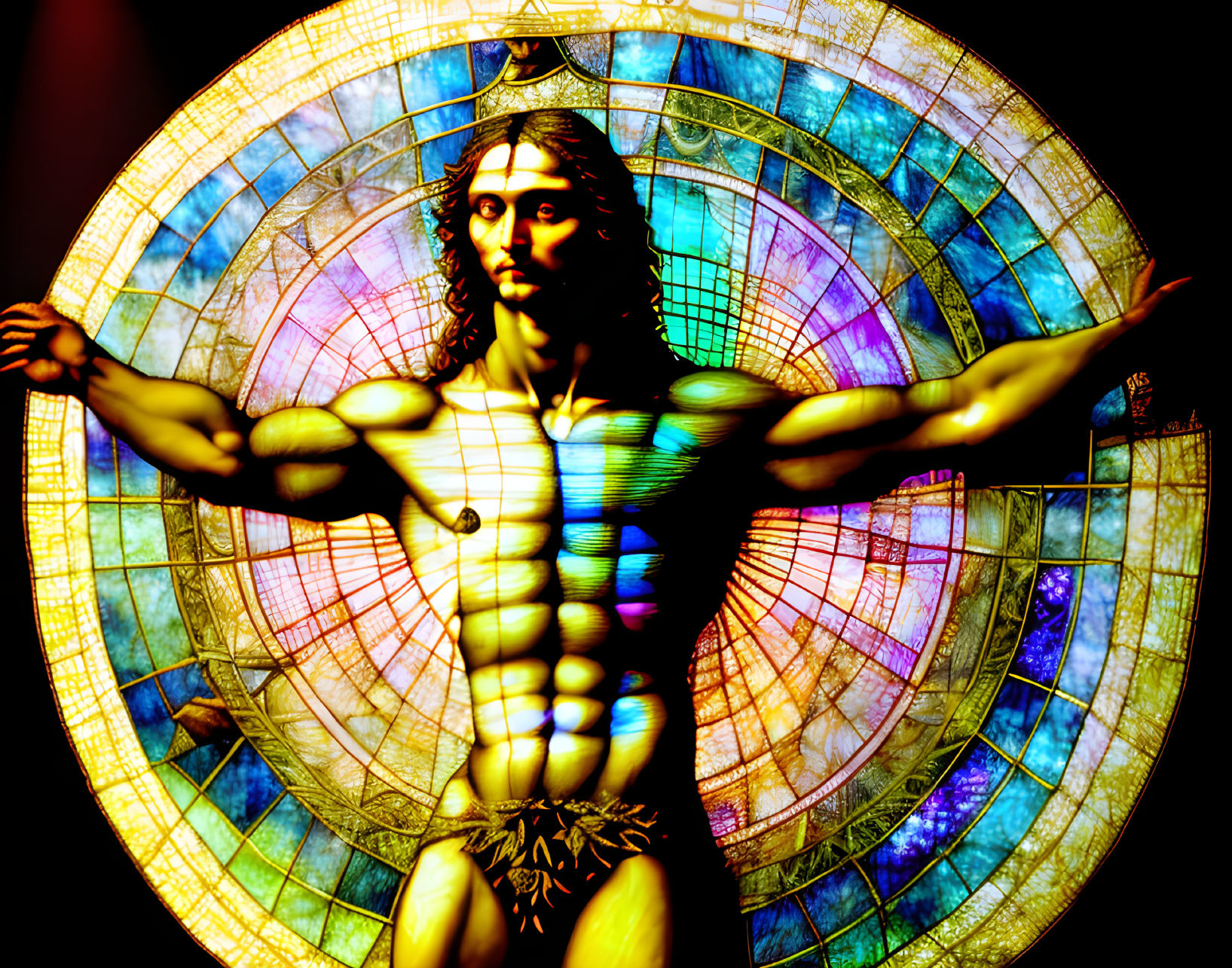 Man with outstretched arms in stained glass with kaleidoscopic background