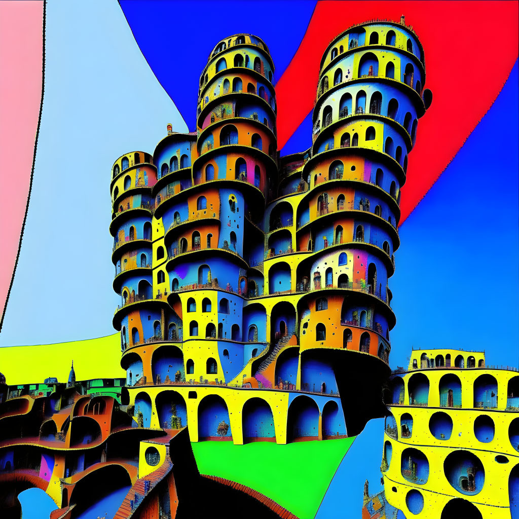 Multicolored surreal towers against vivid blue sky with abstract shapes