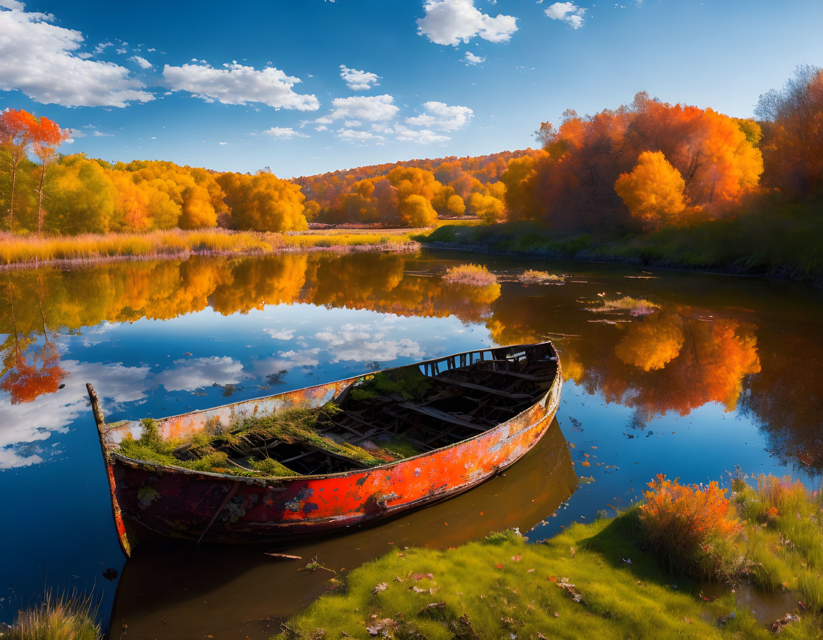 Moss-covered boat on tranquil lake with autumn foliage reflections