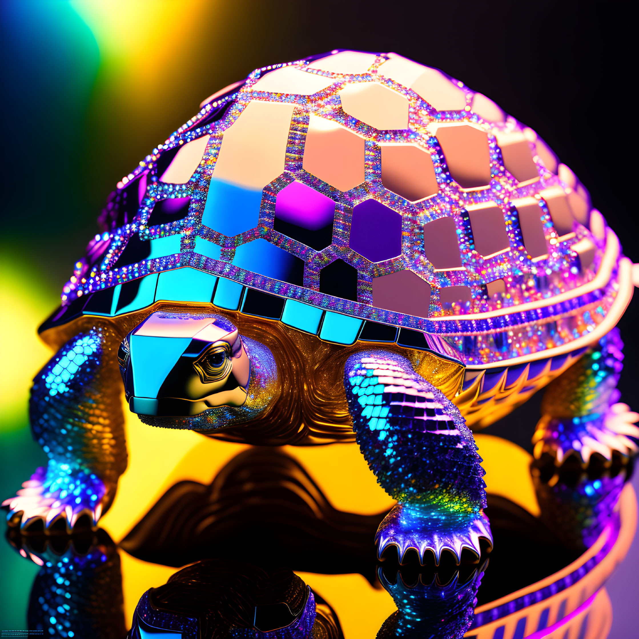 Metallic turtle with geometric patterns in iridescent colors