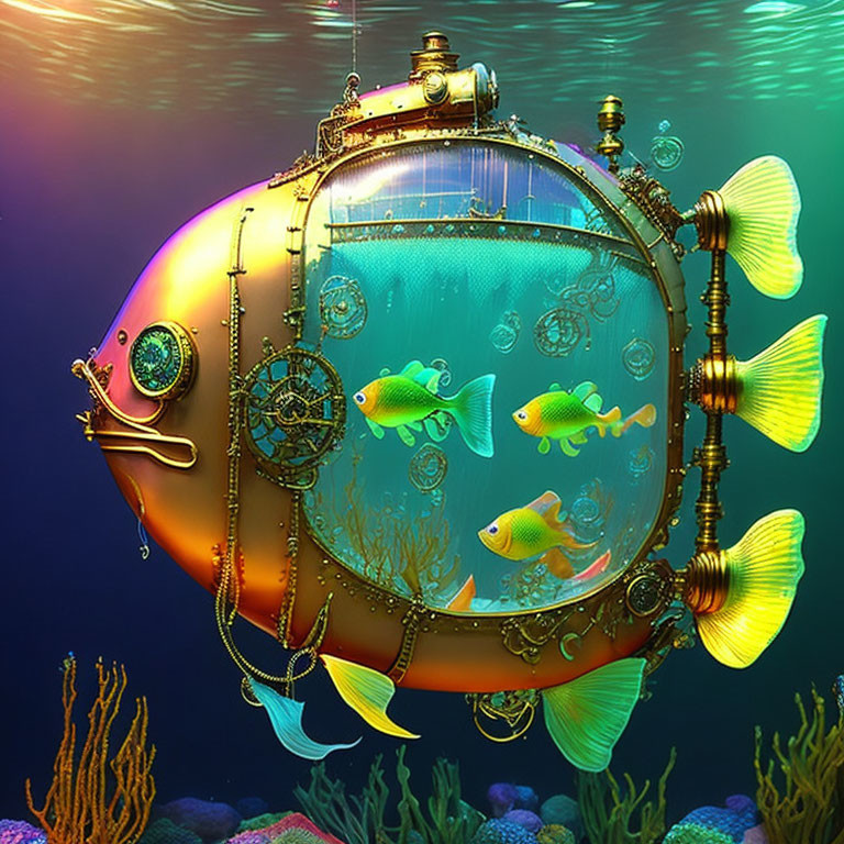 Steampunk-style fish-shaped submarine among coral reef