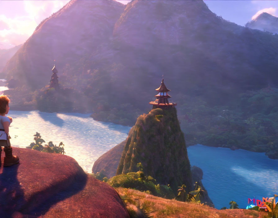 Boy gazing at distant pagoda on verdant pinnacle by serene river, mountains under warm sky